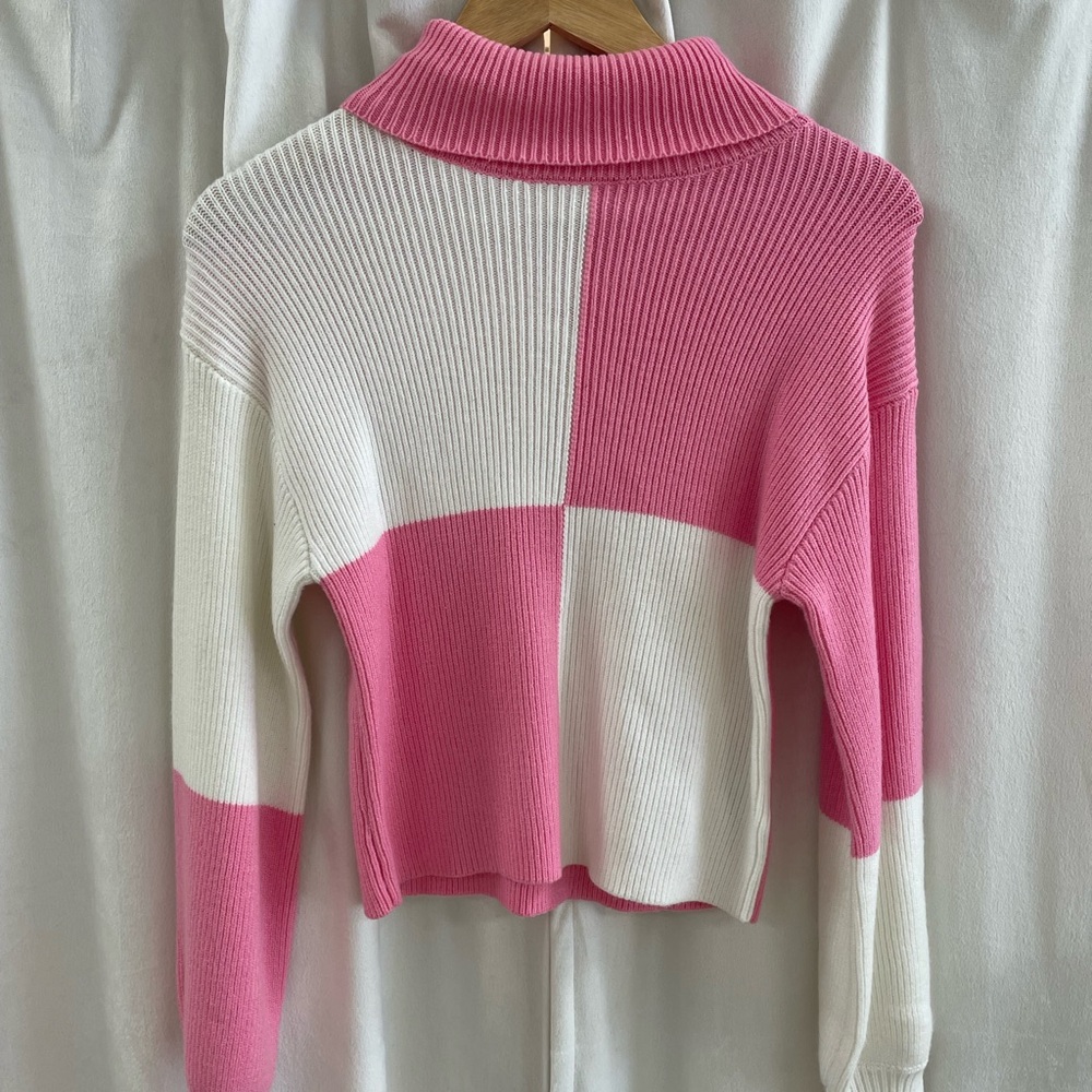 miami Pink and White Colorblock Ribbed Mock Neck Sweater